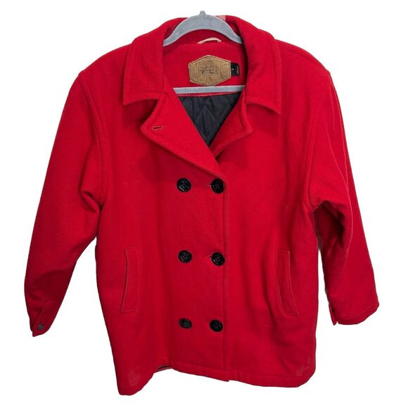 Vintage USA Made 100% Wool Woolrich Car Pea Coat Red Anchor Button Womens - Picture 1 of 10